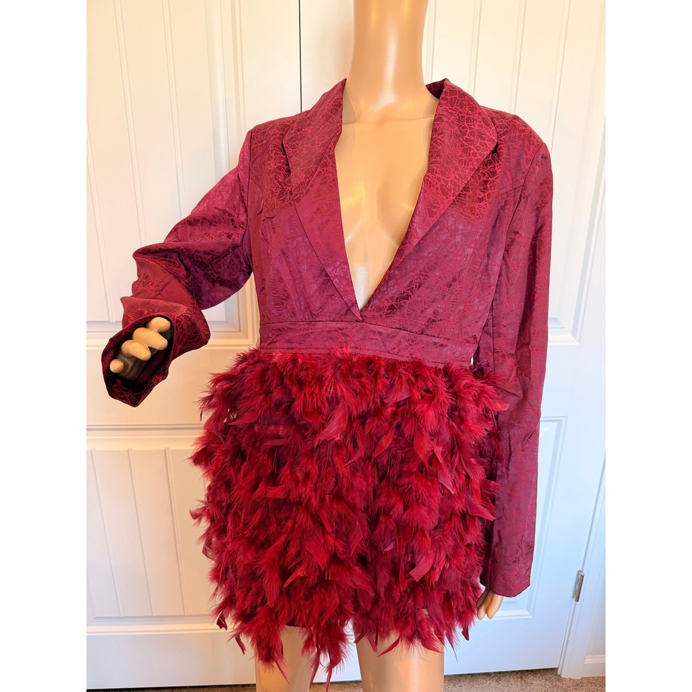 Burgundy Blazer Mini Dress Faux Feather Hem Deep V-Neck Lg Party Cocktail Baddie - Picture 2 of 16